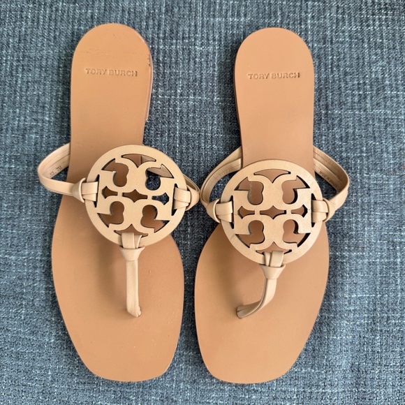 Tory Burch Miller Square Toe Sandals Beige Natural Vachetta Leather Size 7 - Picture 2 of 3